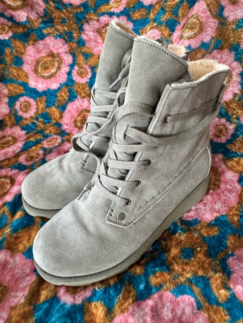 BearPaw Olive Gray Suede Lace-Up Ankle Boots with Faux Shearling - Picture 8 of 14